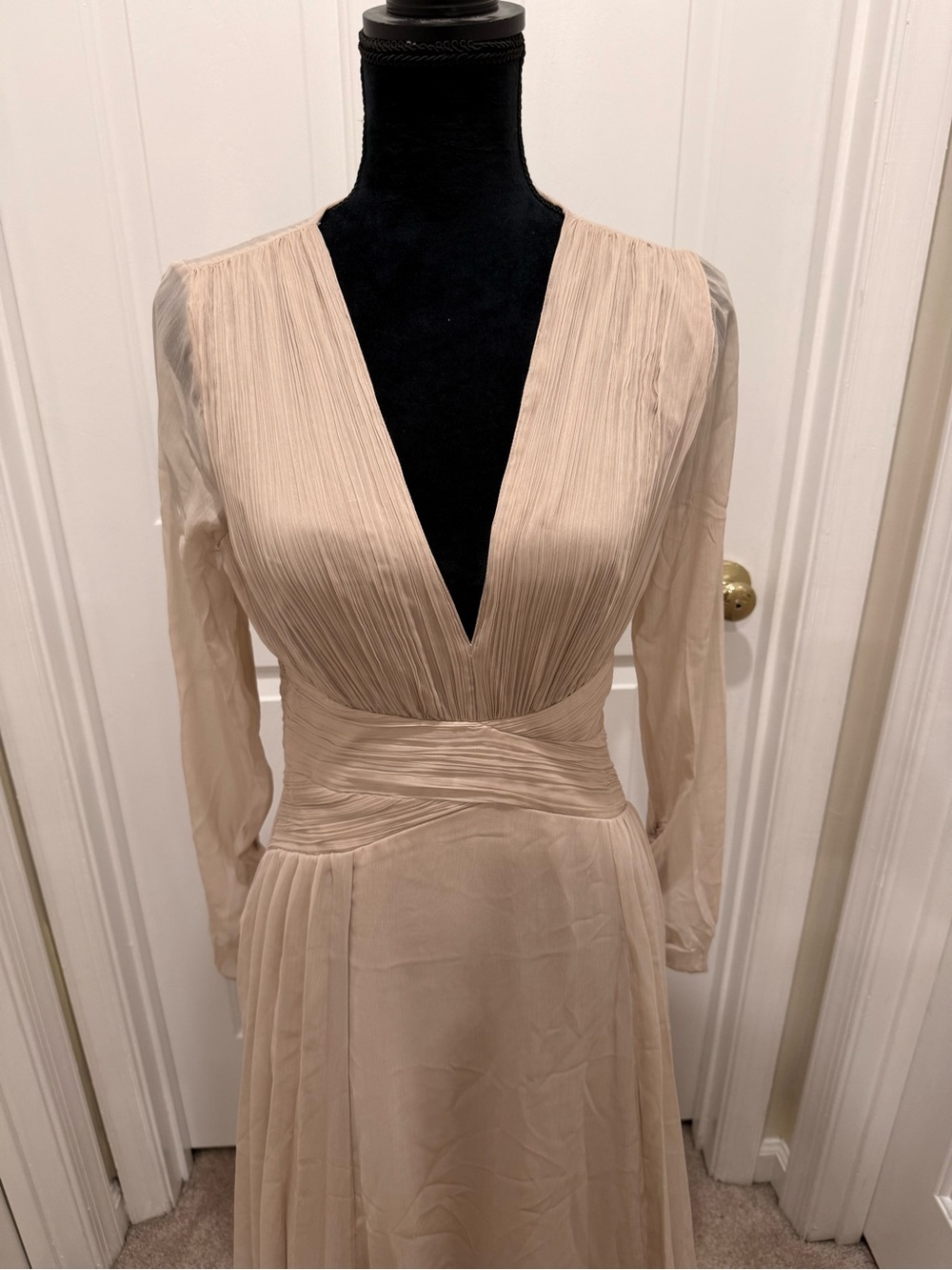 ASOS Cream Long Sleeve Pleated Maxi Dress